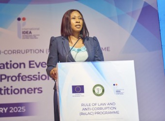 Barbara Omosun, Chief of Staff to the Nigerian IDEA’s largest project in Africa. Bar Association President, delivers a speech on 4 February 2025 at an event in Abuja, Nigeria, on rules of professional conduct for legal practitioners. The event was part of International IDEA’s efforts to help Nigeria fulfil the conditions for removal from the FATF’s grey list. Credit: International IDEA